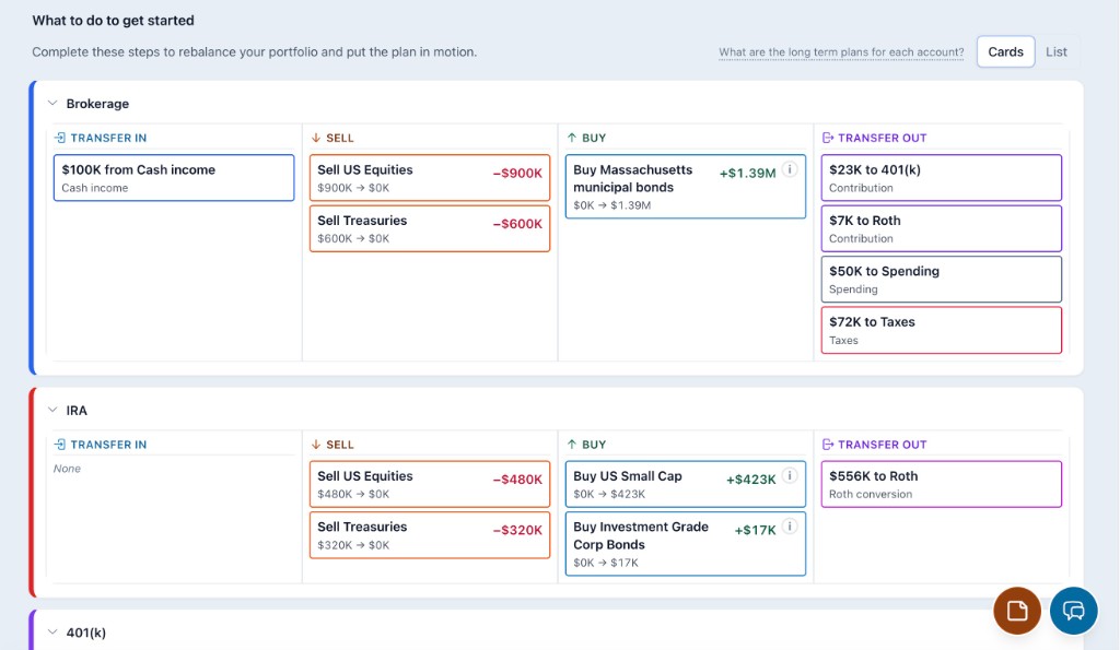 Action plan cards showing transfer, sell, buy, and transfer-out steps by account